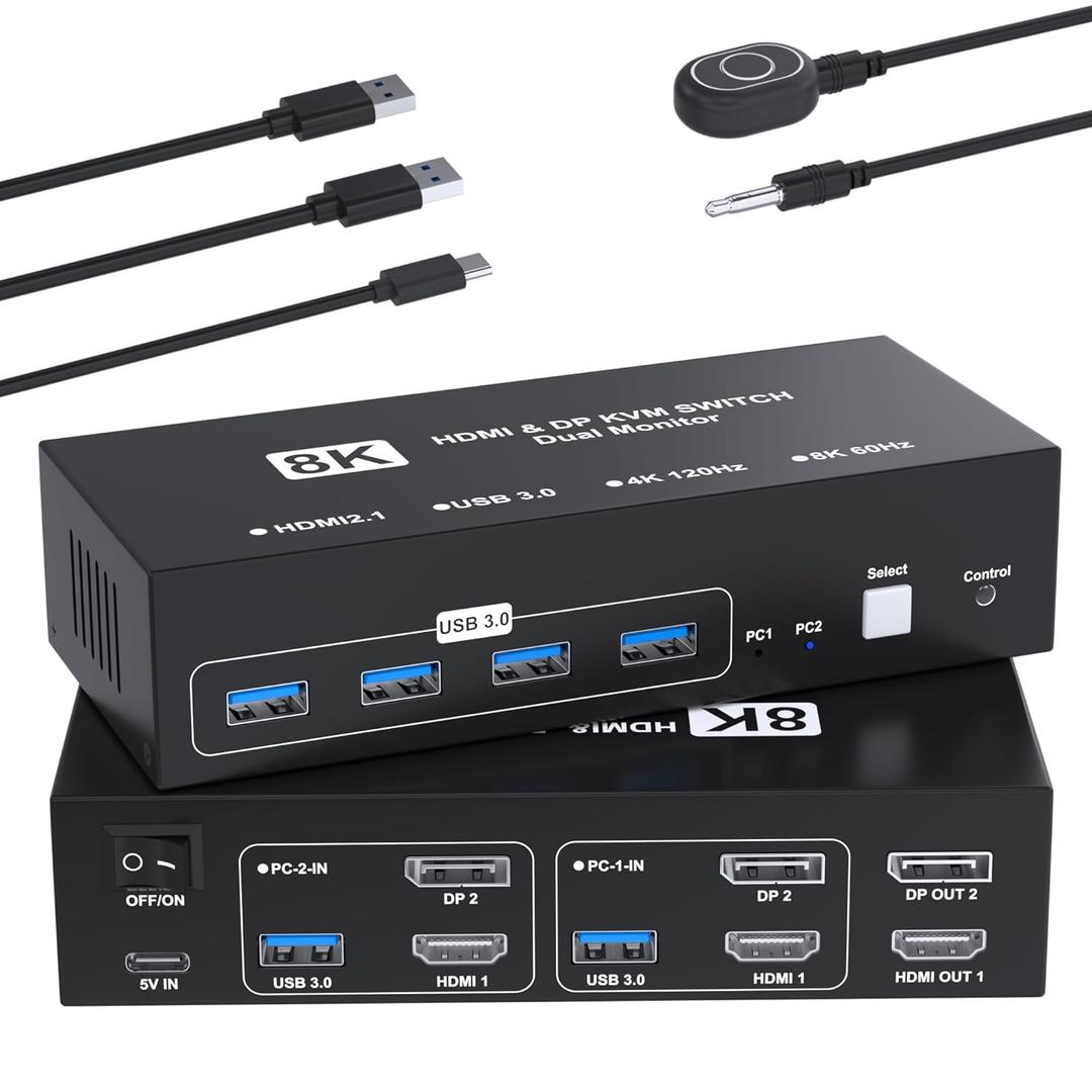 8K@60Hz HDMI Displayport KVM Switch 2 Monitors 2 Computers, 4K@120Hz USB3.0 Dual Monitor HDMI KVM Switches Display Port for 2 Computers Share 2 Screens and 4 USB Devices for Keybord Mouse Printer