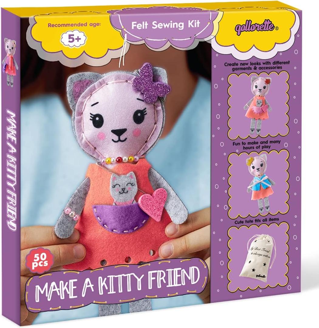 Qollorette Felt Sewing Kit for Children, Make Your Own Kitty Toy, Kids' Craft Kit - Make A Friend Sew Kit - Beginner Sewing Kit for Kids, Learn to Sew & Play