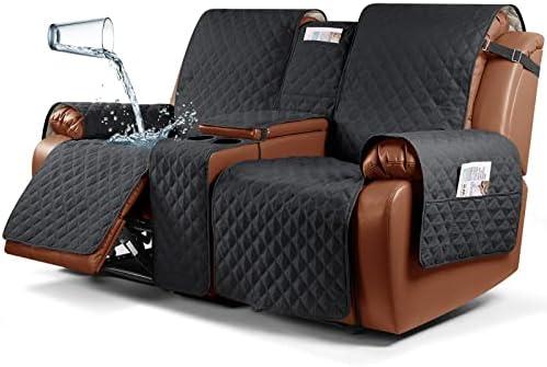 Ruaozz Waterproof Recliner Loveseat Cover with Console, Non-Slip Couch Cover Pet Cover for Double Recliner Split Sofa Cover with Elastic Straps for Kids, Dogs, Pets (Black, 2 Seater)