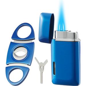 Cutter and Lighter Set, Double Jet Flame Butane Torch Lighter with Adjustment Tools, Refillable Windproof Gas Lighter, Blue.(Sold Without Gas)