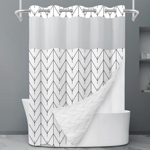 No Hook Striped Shower Curtain with Snap in Liner Set - Hotel Shower Curtain and Liner Set with See Through Mesh Top Window,Machine Washable, 71x74 INCH - Black & White Herringbone