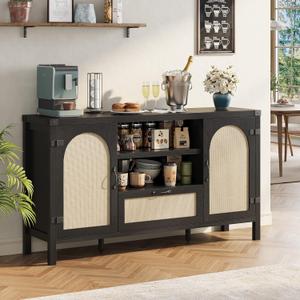IDEALHOUSE 47.2" Buffet Cabinet with Storage, Farmhouse Kitchen Sideboard with Drawer, Rattan Coffee Bar Cabinet for Living Room, Kitchen, Entryway, Black