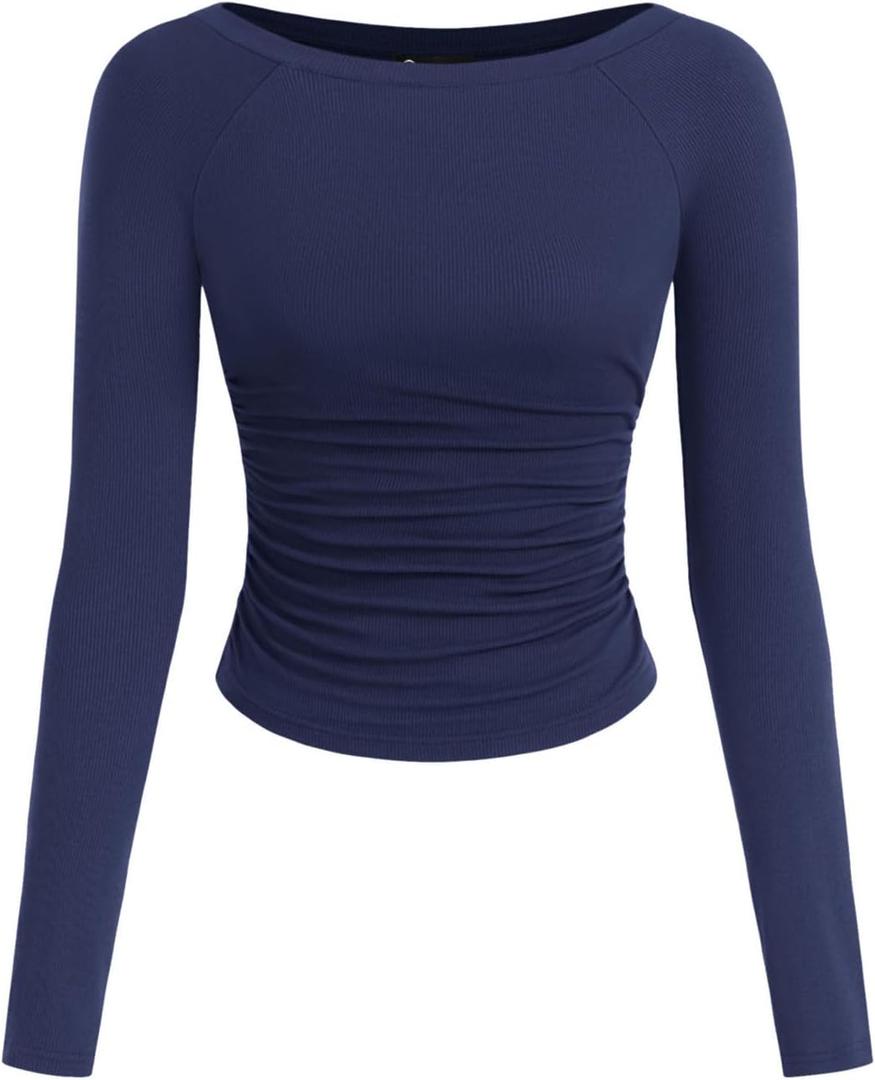 PRETTYGARDEN Long Sleeve Shirts for Women 2026 Fall Ruched Sides Boat Neck Basic Tee Casual Fitted Ribbed Knit Crop Tops (M)