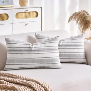 Boho Throw Pillow Covers Decorative 12 x 20 Textured Pillow Cover Farmhouse Cushion Cases Pillowcase for Couch Sofa Bedroom Living Room Home Decor Navy Blue and Beige Striped, Set of 2