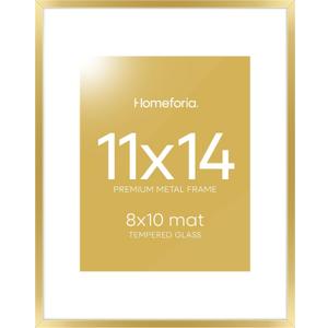 Homeforia 11x14 Picture Frame Gold, High End Metal 11x14 Poster Frames with Mat for 8x10, 11 x 14 Gold Frame Matted to 8 x 10 inch Photo, 11by14 Thin Hanging Frames, Tempered Glass, Wall Kit, Set of 1
