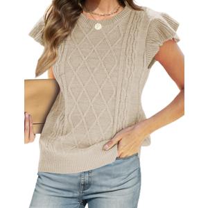 CiCiBird Women Short Sleeve Sweater Dressy Casual Summer Tops Crewneck Lightweight Clothes Beach Vacation Outfits Khaki S (Beige, S)