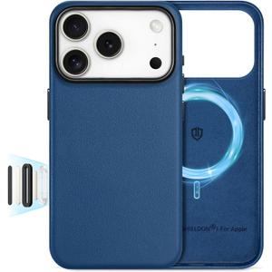 SHIELDON Leather Case for iPhone 17 Pro 6.3 Inch 2025, [Camera Button Updated], Compatible with Magsafe, Slim Fit, Wireless Charging Magnetic, Non-Slip, Shockproof, Metal Buttons - Royal Blue