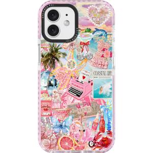 for iPhone 12 Case, Coastal Life Pattern with Tropical Collage, Military-Grade Drop Protection, Pink Paradise Soft Slim TPU Protective Cover with Camera Protection for Women & Girls