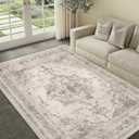 Vintage Area Rug 6x9 Indoor Living Room Taupe Washable Medallion Large Carpet Traditional Retro Accent Throw Rug Low Pile Non Slip Distressed for Kitchen Office Dining Room Bathroom Bedroom (6' x 9' (Rectangular), Distressed | Taupe)