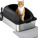 OLIXIS Stainless Steel Cat Litter Box with Lid, Large Cat Litter Box for Big Cats, High Wall Sides, Anti-Urine Leakage, Easy Cleaning, Scoop and Mat Included, Black