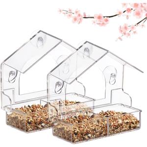2PCS Window Bird Feeder with 4 Extra Strong Suction Cups, Clear Birdfeeders Bird House for Outdoors Window Viewing Outside, Removable Tray Birdhouse