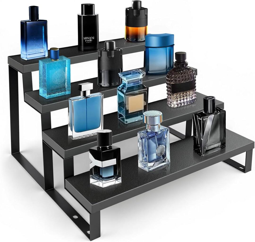 Wood Cologne Organizer for Men,12 Inch 4 Tier Cologne Stand Waterproof Perfume Organizer for Dresser with Anti-Slip Washers,Wooden Display Risers Stand for Party,Makeup,Figures,Cupcake,Perfume,Dessert