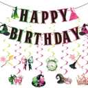 Pink & Green Birthday Party Decorations, Witch Happy Birthday Banner, Halloween Party Supplies, Movie Theme Photo Background Props for Halloween