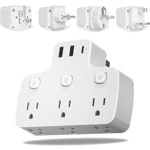 European Travel Plug Adapter USB C, International Universal Power Adapter with Type A/C/G/E/F Plug Removable,6 Outlets 3 Switches,US to Europe Spain France Greece UK Portugal, White