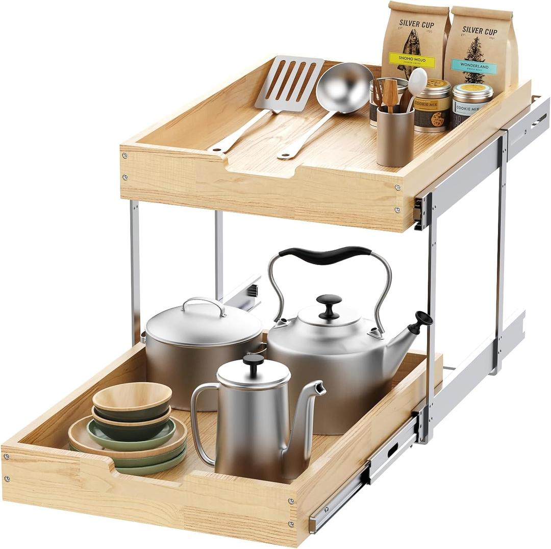 Sikarou Wood Pull Out Cabinet Organizer 2 Tie 11" W x 21" D for 12" Cabinet Opening, Heavy-Duty Sliding Drawers for Inside Cabinets Storage and Organization for Kitchen, Pantry, Bathroom