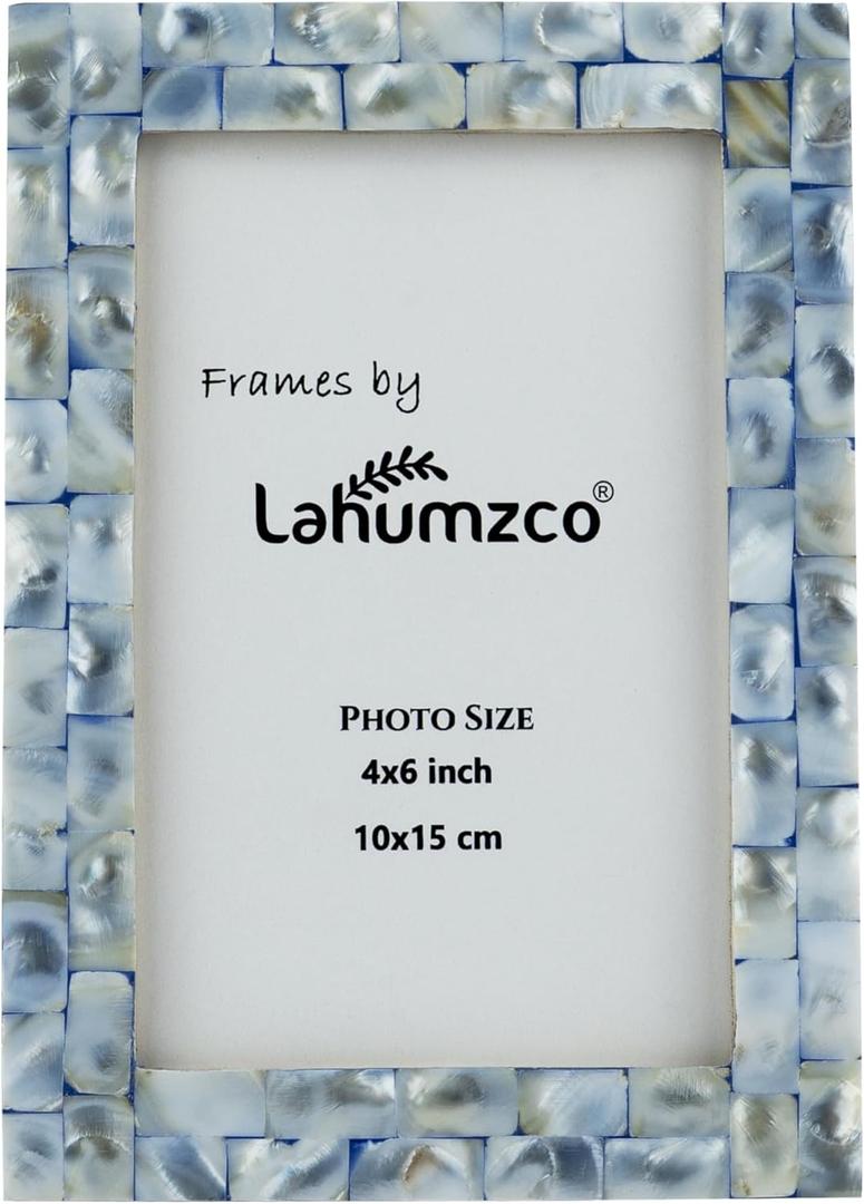 Mother of Pearl Photo Frame 4x6  Handmade Decorative Picture Frame for Tabletop or Wall  Elegant Pearl Inlay Home Dcor for Living Room, Bedroom, Office (Blue)