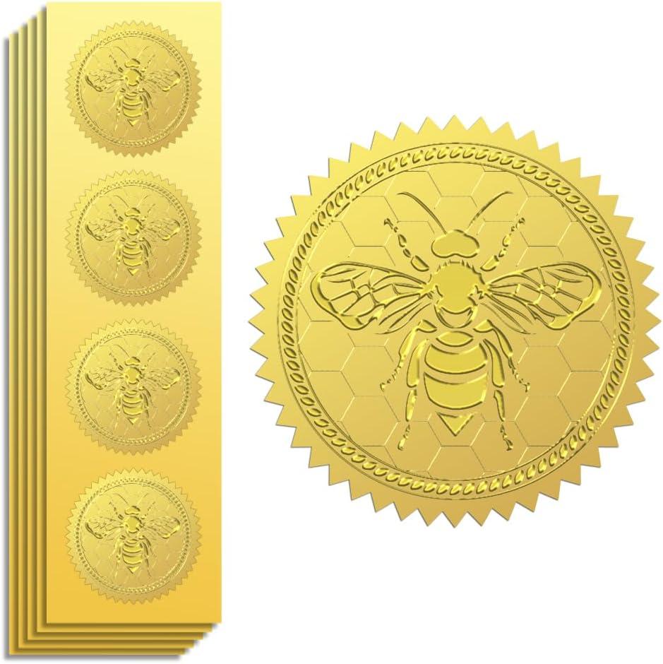 Peacoblue Gold Foil Stickers Seals Official Embossed 2 Inch 100Pcs Bee and Honeycomb, Self Adhesive Gold Around Embossing Medal Sticker for Envelope Seal, Gift Decor, Certificate Paper, Invitation