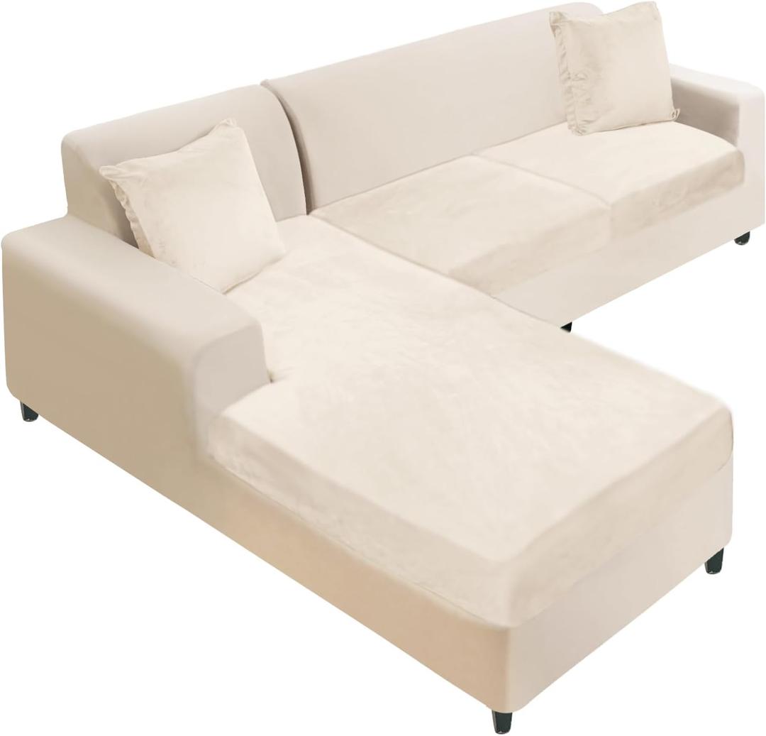 NAISI Sectional Couch Cover 3 Pieces Velvet Separate Couch Cushion Covers L Shape Soft Stretch Sofa Slipcovers with 2pcs Pillowcases for Left/Right Chaise Sectional Couch(2 Seater+1 Chaise,Beige)