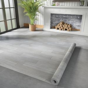 Oxdigi Vinyl Flooring Roll 107 sq.ft | 3'4"W x 32'10"L, PVC Leather-Like Linoleum Floor Covering, Waterproof Durable Heavy Vinyl, Easy to Install with Tape, Removable- No Adhesive Backing, Grey Oak