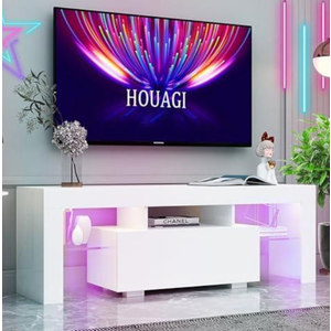 HOUAGI LED TV Stand for Televisions up to 55 Inchs,Modern Entertainment Center with Storage Drawer and Glass Shelf, TV Console Table for Living Room,Bedroom (Black, 50in) (51in, Black)