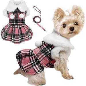 XS Dog Sweater with Leash Set D Ring Plaid Fleece Dog Clothes for Small Dogs Girl Boy Spring Pet Dress, Cold Weather Dog Coat Sweater for Chihuahua Yorkie Cat Puppy Costumes, Pink, XS