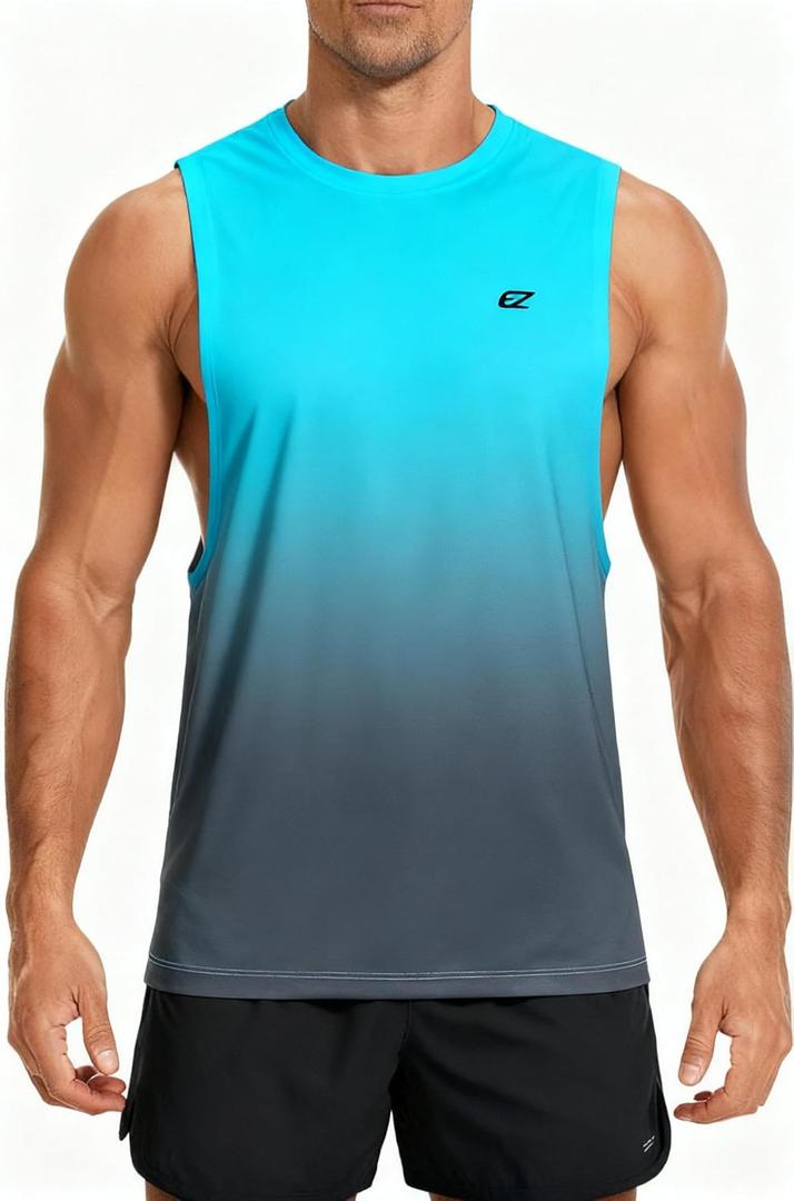 EZRUN Men's Tank Tops Swim Beach Sleeveless Shirt Quick Dry Gym Workout Stringer Muscle Tshirts Big and Tall (4X-Large, Gradient Sky Blue)