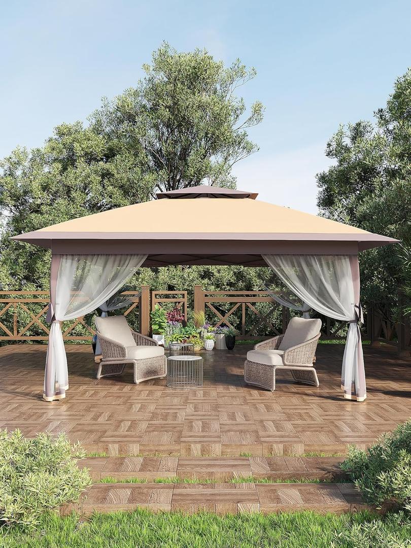 Garvee 13x13FT Pop Up Gazebo, Canopy Tent with Mosquito Netting,Outdoor Gazebos for Backyard & Patio Furniture - Pop Up Canpy with Wheeled STO-N-Go Cover Bag (Khaki+Light Khaki)