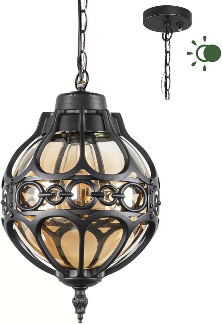 Dusk to Dawn Outdoor Pendant Lighting for Porch, Black Aluminum Anti-Rust Hanging Lights Fixture, Adjustable Globe Outside Lantern Ceiling Mount, Industrial Exterior Chandelier, Amber Glass (13"(H)-1 Pack)
