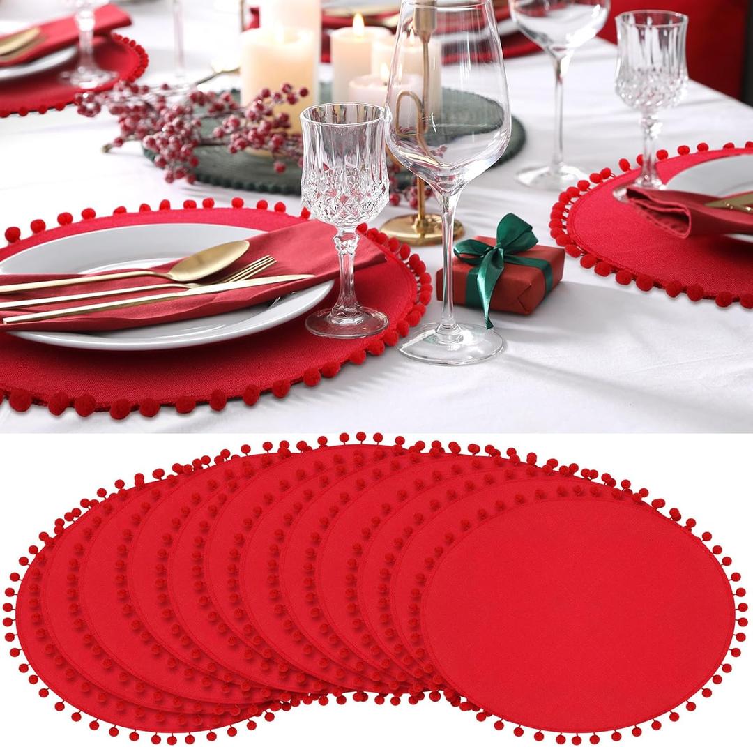 12 Pcs Red Placemats with Fluffy Balls Rustic Round Table Mats 15 Inch Burlap Round Placemats for Dining Kitchen Wedding Christmas Parties