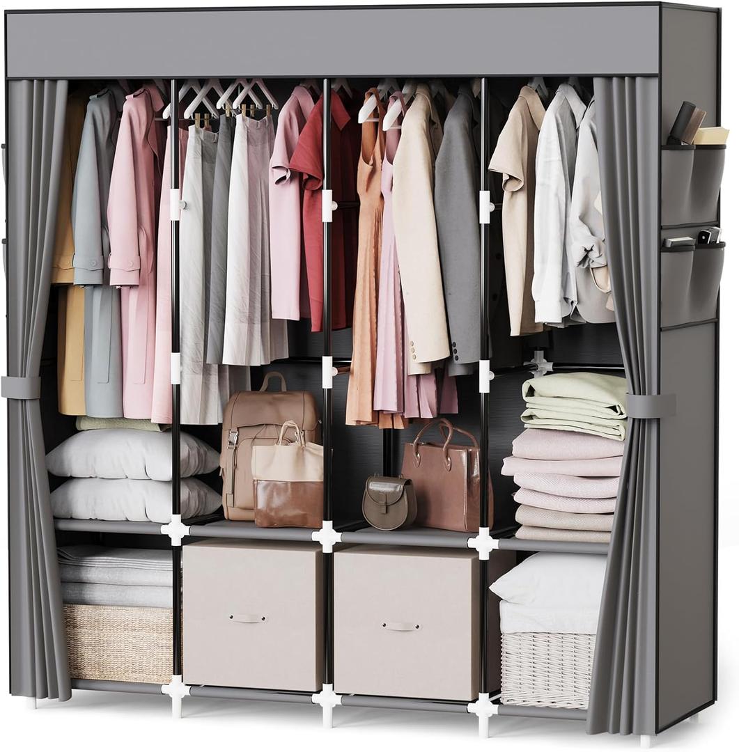 Mavivegue Portable Closet Wardrobe, Clothes Organizer with 4 Hanging Rods, Non-Woven Fabric Cover, Large Capacity Storage for Bedroom and Living Room,Gray, 67" W x 17" D x 67" H (Grey)