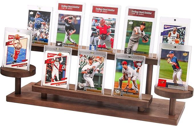 Zlcjyyun Wooden Trading Card Display Stand, 3Tier Card Holder for Graded, Sports and TCG Cards, Tabletop Display Holder, Rustic Solid Wood Shelf Stand for Basketball Football Hockey (Brown)