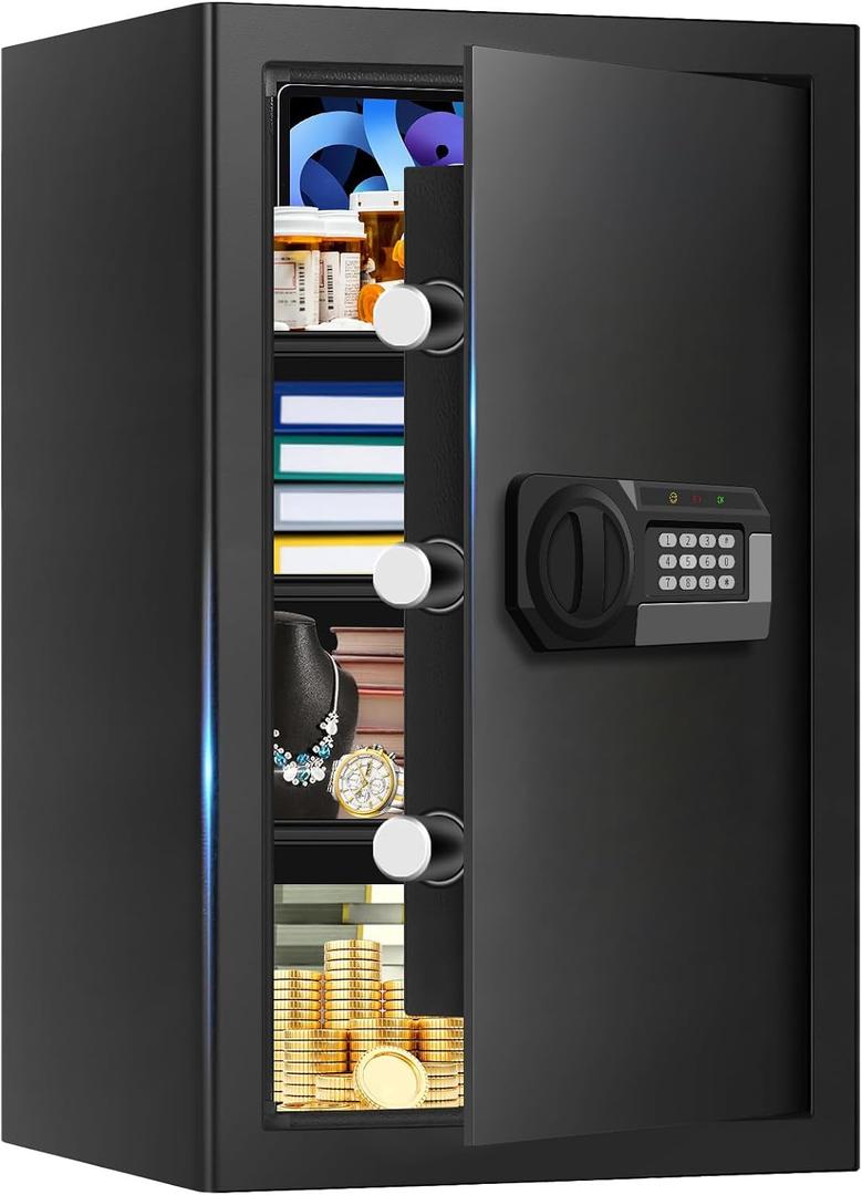 5.1 Cuft Large Home Safes Water and Fireproof with Digital Keypad & Key Lock, Fire Security Safes with 3 Removable Shelves, Anti-Pry Safe Box for Money Documents Jewelry, 23.62"H x 14.96"W x 12.2"D
