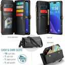Strapurs Wallet Case Compatible with iPhone 16 Pro 6.3" RFID Blocking 10-Card Holder Soft PU Leather Magnetic Snap Shoulder Strap Zipper Pocket Phone Case Fit for iPhone 16 Pro for Women - Black