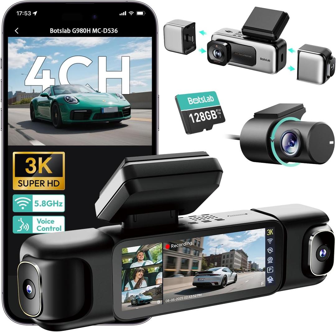 BOTSLAB 3K 4 Channel Dash Cam, 560 All-Sides View, Front and Rear Inside Car Camera with 3.18Touch Screen, Dash Camera 24/7 Parking Mode, Built-in GPS 5.8GHz WiFi Voice Control, Free 128GB Card