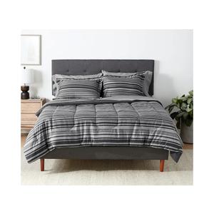 Amazon Basics Full/Queen Comforter Set with Sheets, 7-Piece Gray Calvin Stripe Bedding, Lightweight Microfiber Bed-in-a-Bag, Striped