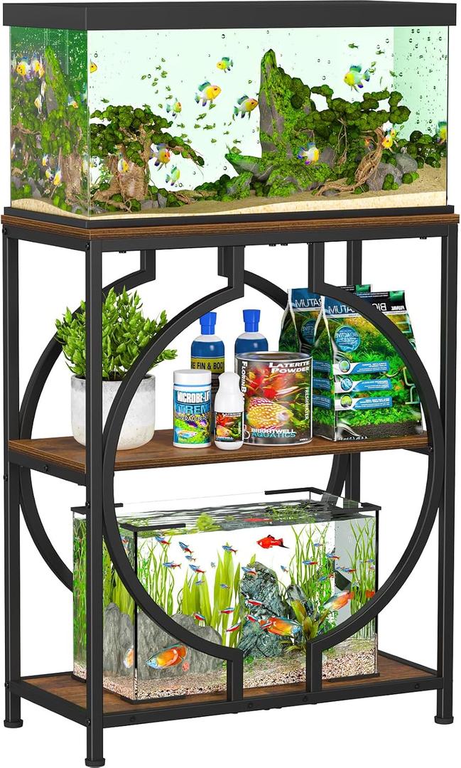Snughome 20 Gallon Fish Tank Stand, Aquarium Stand with 3 Tier Storage, Heavy Duty Metal Terrarium Stand for Home Office, 24.02" x 11.81" x 30.51", Rustic Brown