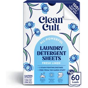 Cleancult Laundry Detergent Sheets - Resealable Box - 3 Stain Fighting Enzymes - Fresh Linen - 60 Loads - Free of Harsh Chemicals - No Mess - No Plastic Waste (60 Count (Pack of 1))
