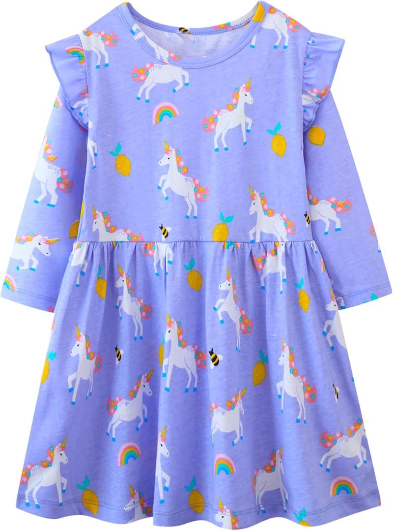 Toddler Girls Cotton Embroidery Applique Short Sleeve Dresses 2-7Y (#Lavender Unicorn) Toddler Girls Cotton Embroidery Applique Short Sleeve Dresses 2-7Y (#Lavender Unicorn)