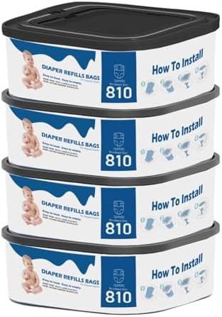 4 Pack Jumbo Square Bags Refill Compatible with Diaper Genie Compact | Compatible with Select Pails, Max Order Control, Holds Up to 810 Newborn Diapers, Disposal Bag Refills with Continuous Film