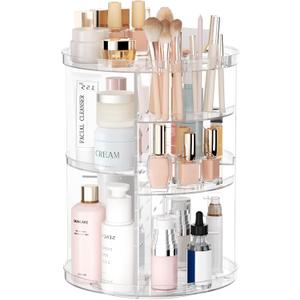 Rotating Makeup Organizer, DIY 8 Adjustable Layers Spinning Skincare Organizer, Cosmetic Display Case with Brush Holder Perfume Tray, Multi-Function Storage Carousel for Vanity Bathroom Countertop
