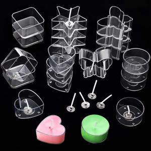 Plastic Clear Tea Light Cup Holders - Heat-Resistant Plastic Votive Containers in Heart, Square, Star, Round, Butterfly Shapes - Tealight Cups with 25 mm Candle Wicks for DIY Candle Making (20 Pieces)