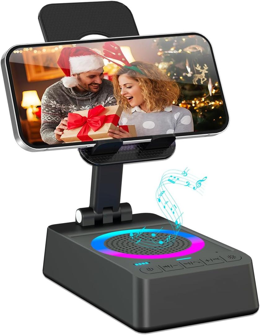 Cell Phone Stand with Wireless Bluetooth Speaker, Colorful LED Lights, Gifts for Men Women, Anti-Slip Base HD Surround Sound, Rechargeable (3000mAh), for Teens, Men, Women for Christmas (Jet Black)