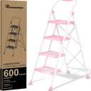 Step Ladder Foldable Folding Stool - for Home Adults Kitchen 4 Stepping Extension Tall Heavy Duty with Handrails - Closet Stepstool Stair Ladders Extendable Stepladder for Indoor House 600Lbs (White Pink)