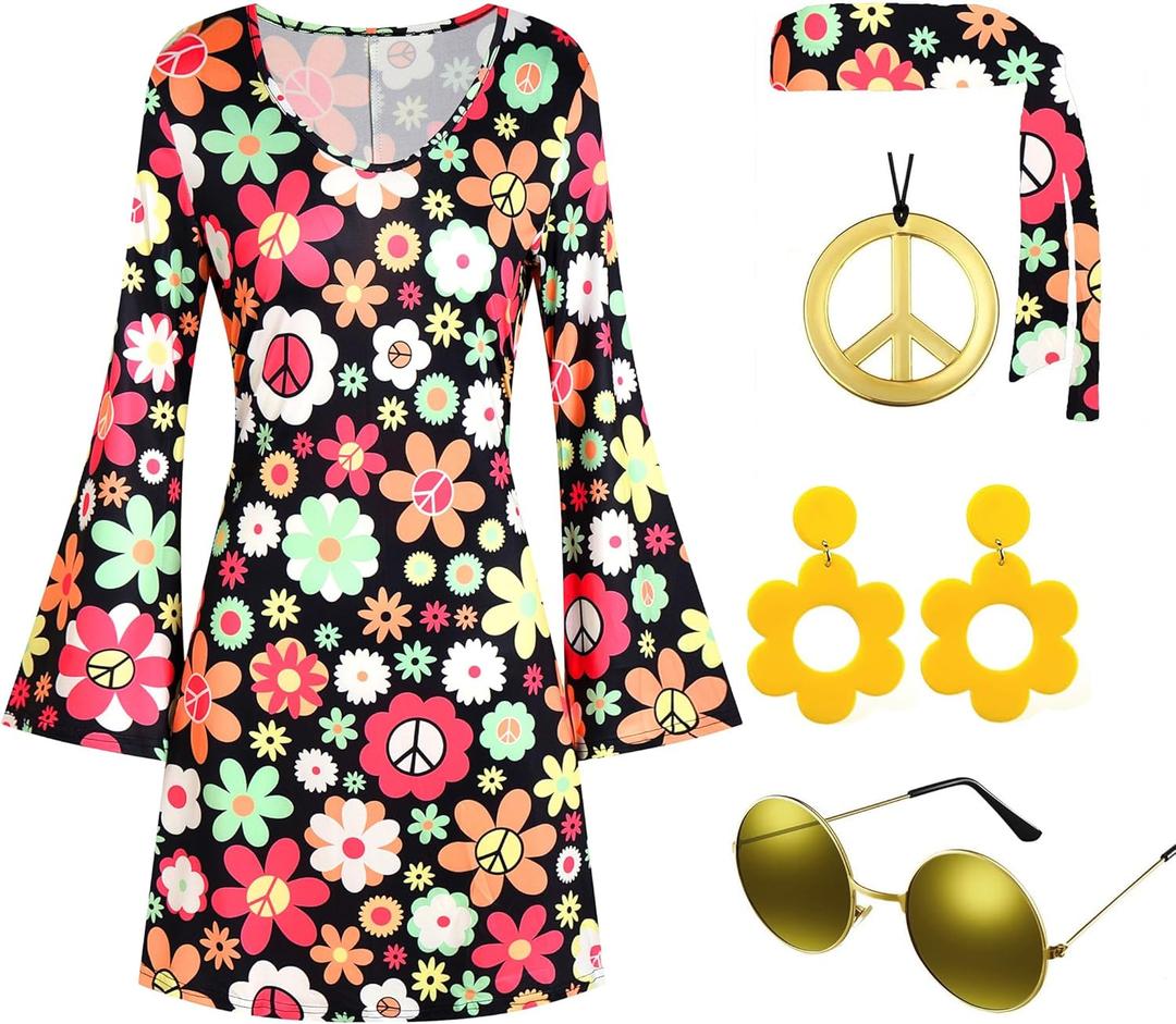 Deerjoke 60s 70s Disco Outfit Hippie Costume Women, 1970 Style Clothes Dress Peace Sign Accessories Jewelry Halloween (XL)