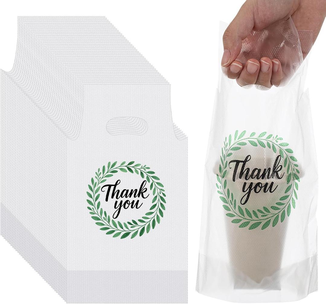PerKoop 500 Pcs Drink Carrier for Delivery Clear Cup Carrier with Handle Thank You Drink Bags Single Take out Cup Carriers for Beverage Coffee Shop, Restaurant, Bakery, Bar (Natural)