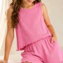 Girls' Summer 2 Piece Outfits Wide Leg Shorts Sets and Sleeveless Tank Tops Hot Pink 11-12Y (Pink)
