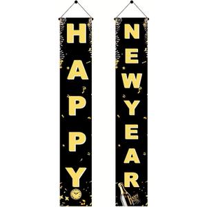 2026 Happy New Year Door Banner Set 71 X 12 Inch Black Gold New Year Party Decorations New Years Eve Party Supplies 2026 for Festive NYE Theme Decor Outdoor Indoor Front Door Porch Sign