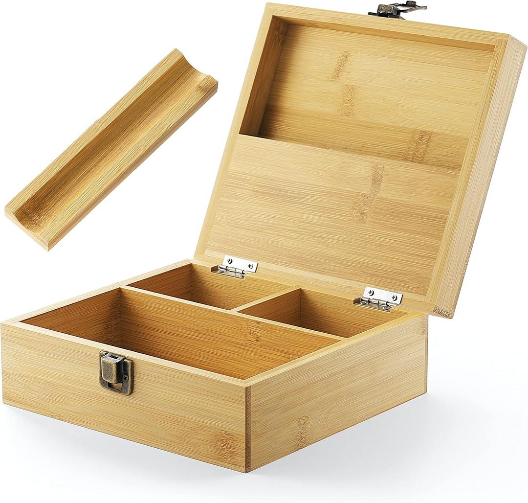 beka. Bamboo Storage Box with Multi-Purpose Tray - Large Premium Handmade Wooden Box with Hinged Lid - Organize All Your Essentials - 7.5 x 7 x 3 Inches