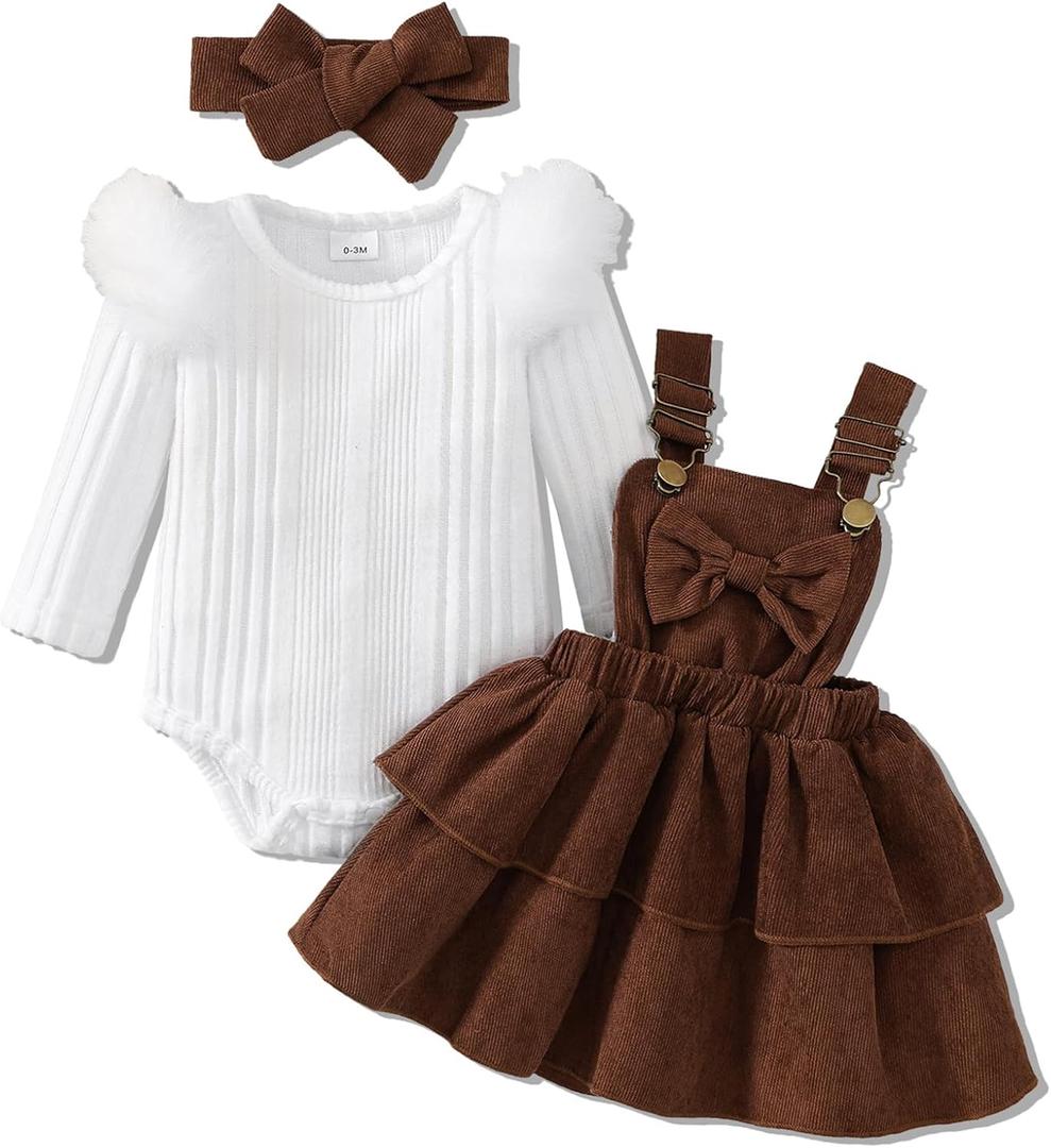 Baby Girl Spring Skirt Set Newborn Overall Dress Long Sleeve Ribbed Romper Suspender Skirts 3Pcs Outfits (12-18 Months, Brown)