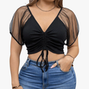 Floerns Women's Plus Size Mesh Dolman Sleeve Tee Drawstring V Neck Crop Tops 4XL